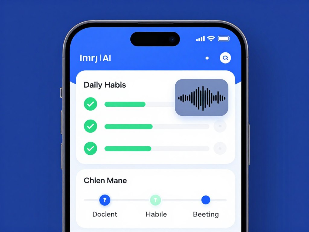 AI life coach app interface showing daily habit tracking dashboard with voice check-in feature and milestone progress visualization on mobile screen