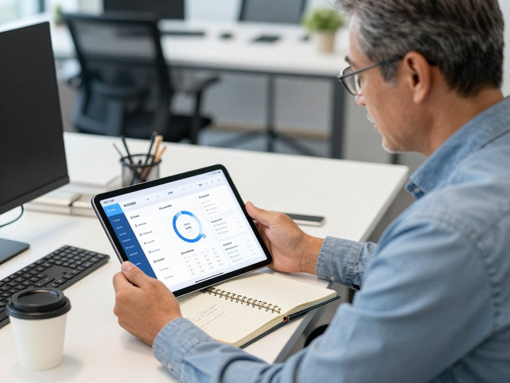 Business owner reviewing progress on tablet with AI coach while preparing for upcoming human coaching session