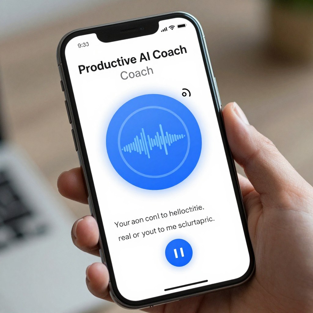 Close-up of smartphone screen showing active voice check-in session with Productive AI Coach with audio waveform animation