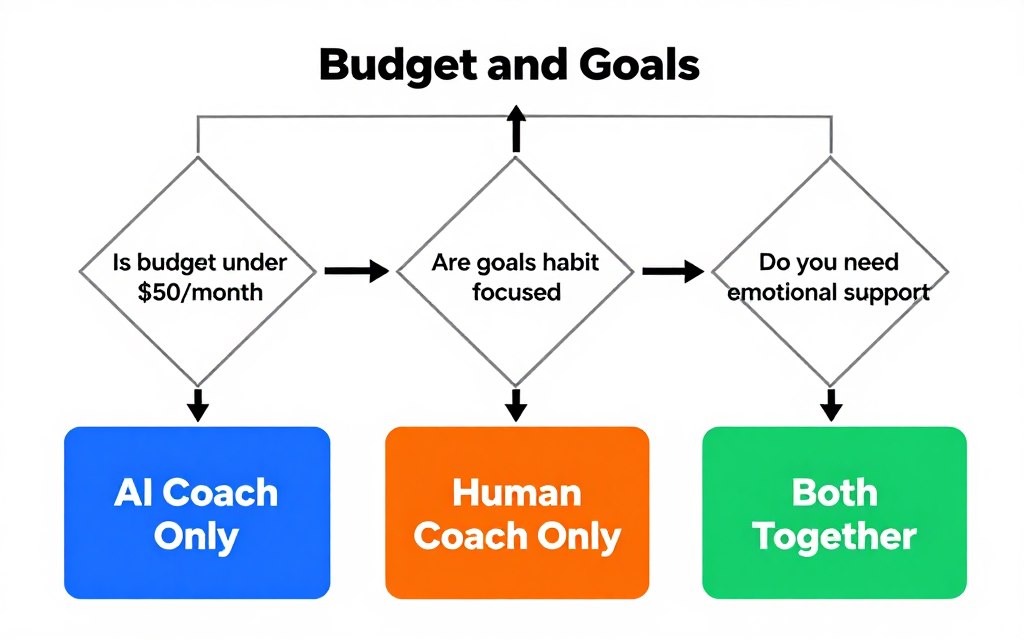 Decision tree flowchart helping readers choose between AI coach, human coach, or both based on their goals and budget