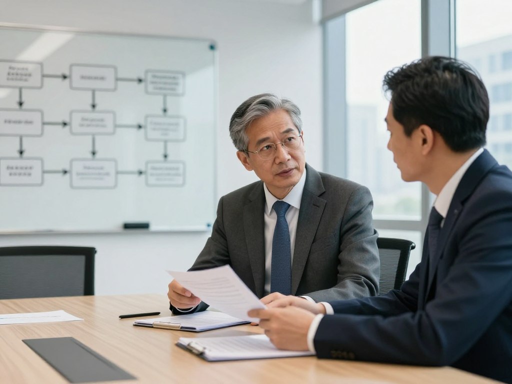 Executive coach conducting professional development session with business leader in corporate office environment