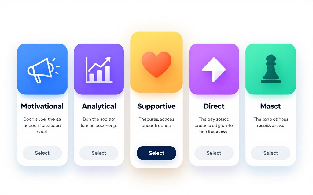 Five coaching personality options displayed as cards showing different AI coach personas available in Productive AI Coach app