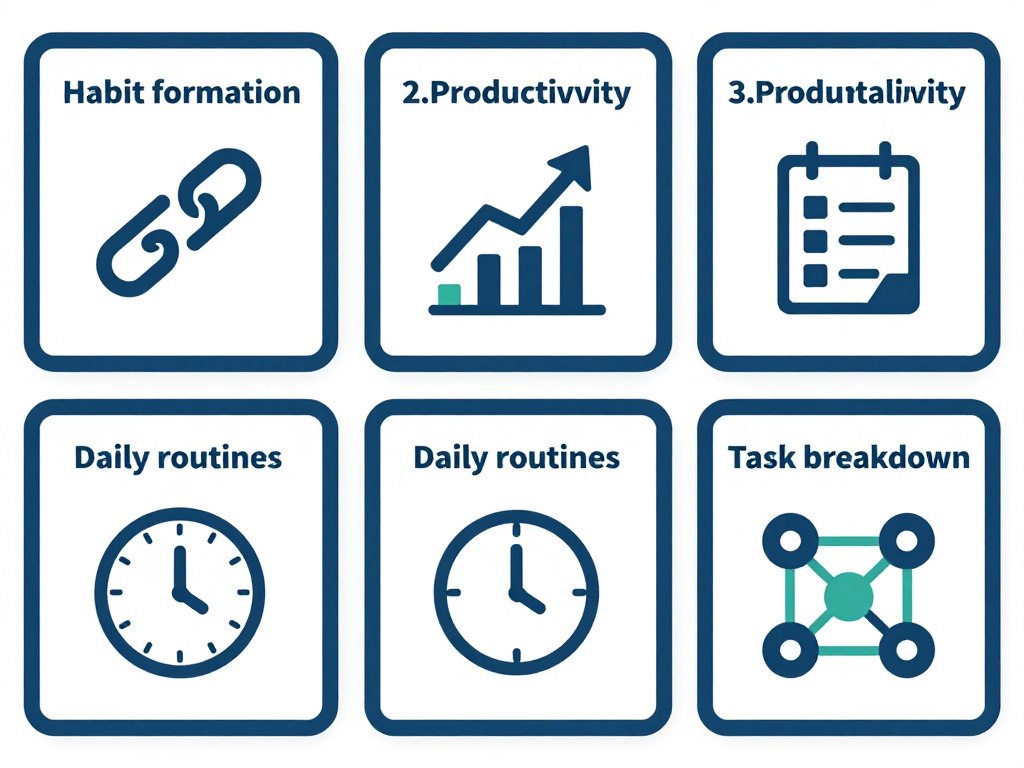 Grid layout showing five common coaching goal categories ideal for AI coaching including habits, productivity, accountability, routine building, and task management