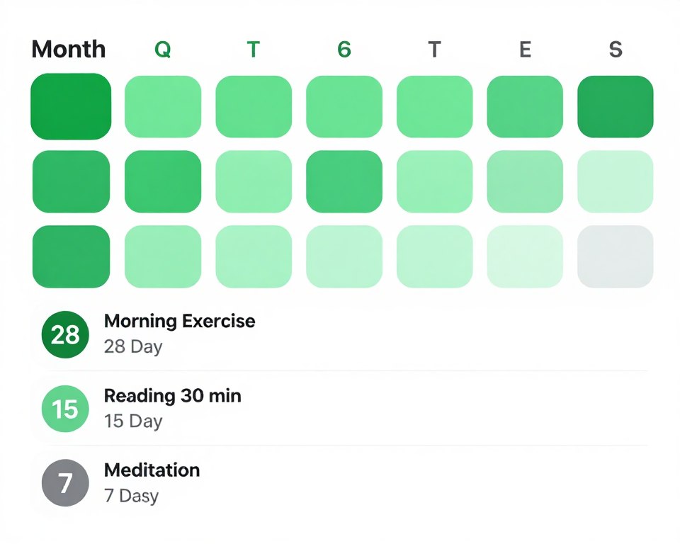 Habit tracking calendar view showing daily completion streaks and patterns in Productive AI Coach app