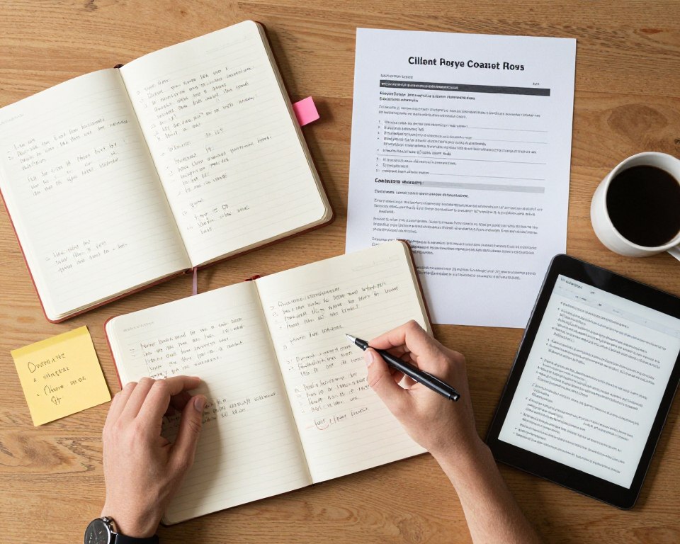 Human life coach reviewing personalized coaching notes and custom strategy documents for individual client needs