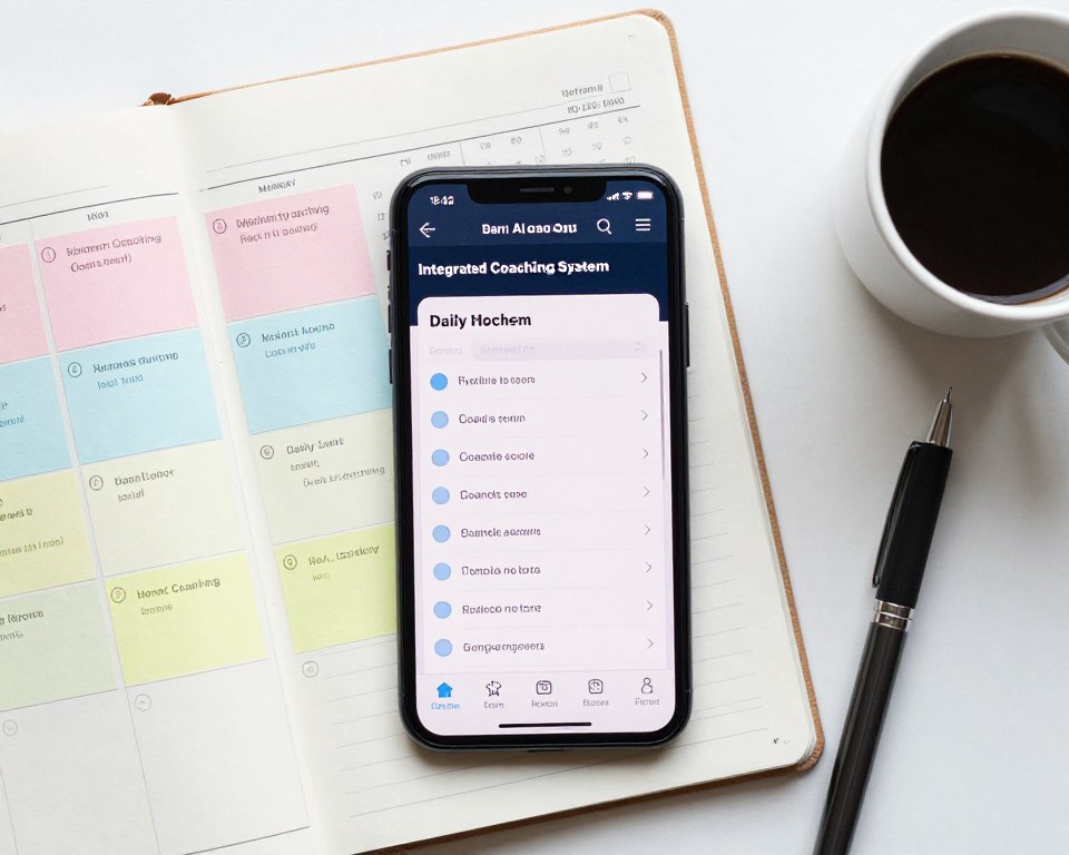 Integrated coaching approach showing smartphone with AI coach app alongside calendar marking monthly human coach sessions