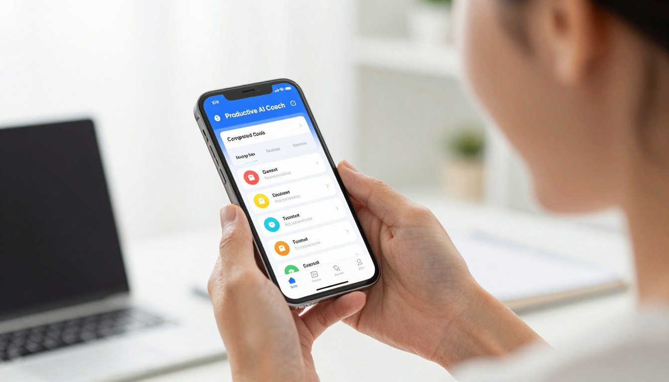 Person successfully using smartphone AI life coach app with visible progress and achievement on their coaching journey