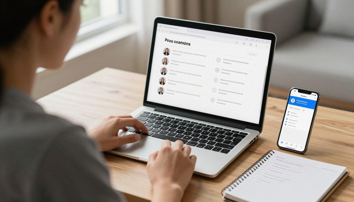 Person thoughtfully reviewing coaching options on laptop comparing AI coaching app versus human coaching services