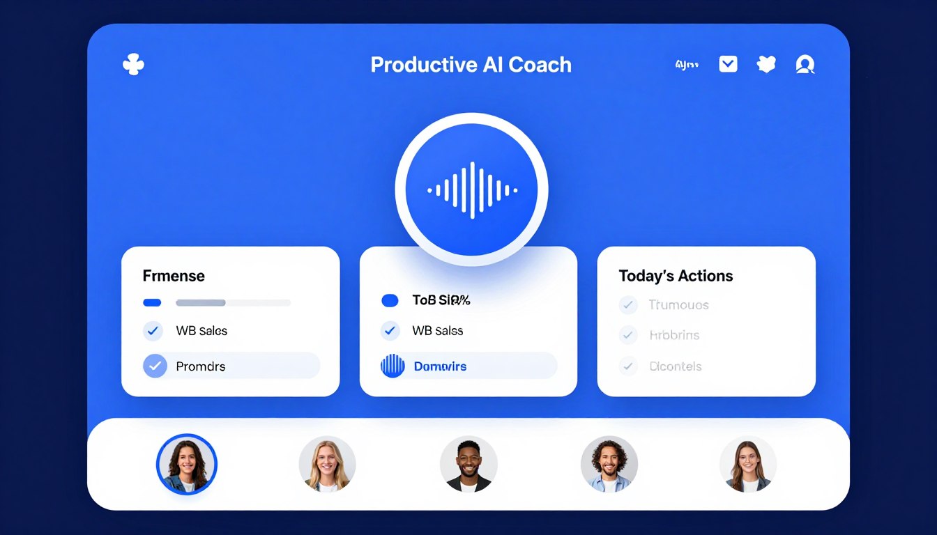 Productive AI Coach app main interface showing voice check-in feature with waveform visualization and daily goal tracking dashboard
