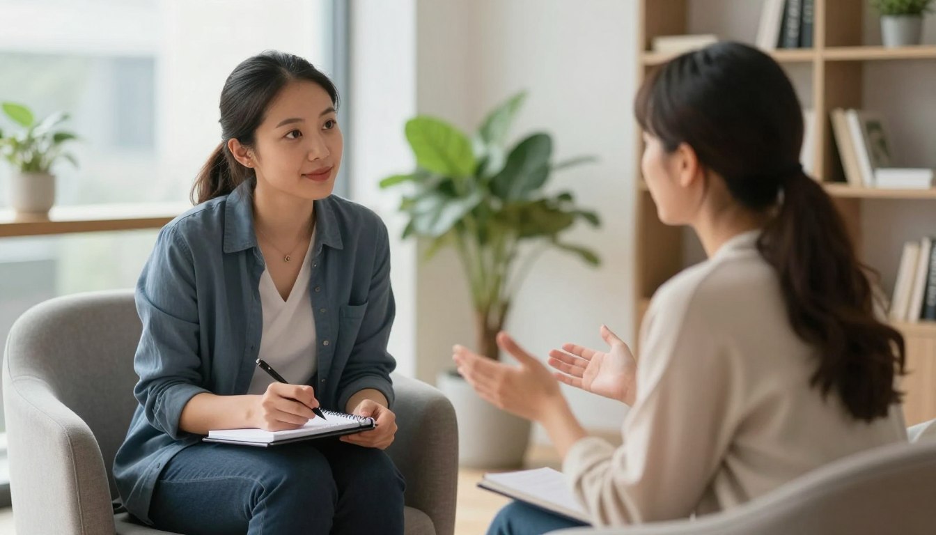 Professional human coach having deep conversation with client in comfortable office setting showing emotional connection and personal guidance