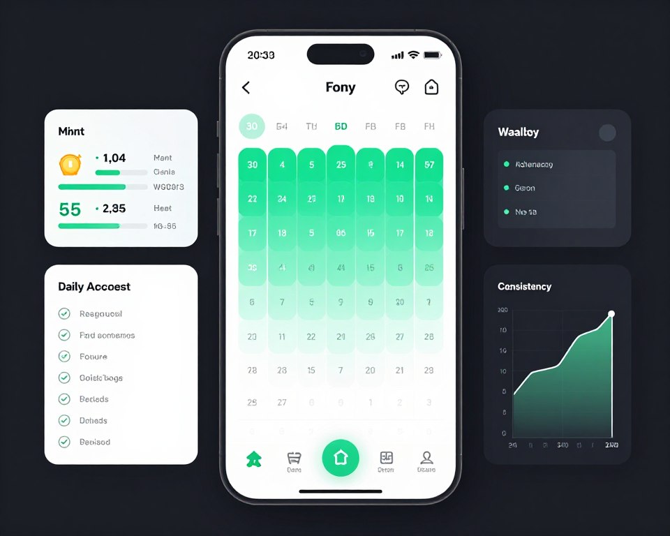 Progress tracking visualization showing completed daily actions, milestone achievements, and habit streaks in AI coaching app interface