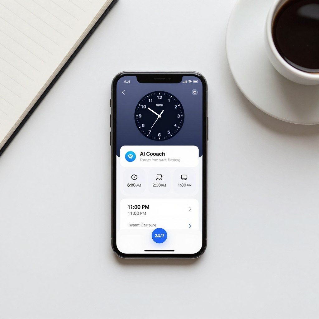 Smartphone displaying 24/7 availability of virtual life coach AI with clock showing different time zones and instant response notification