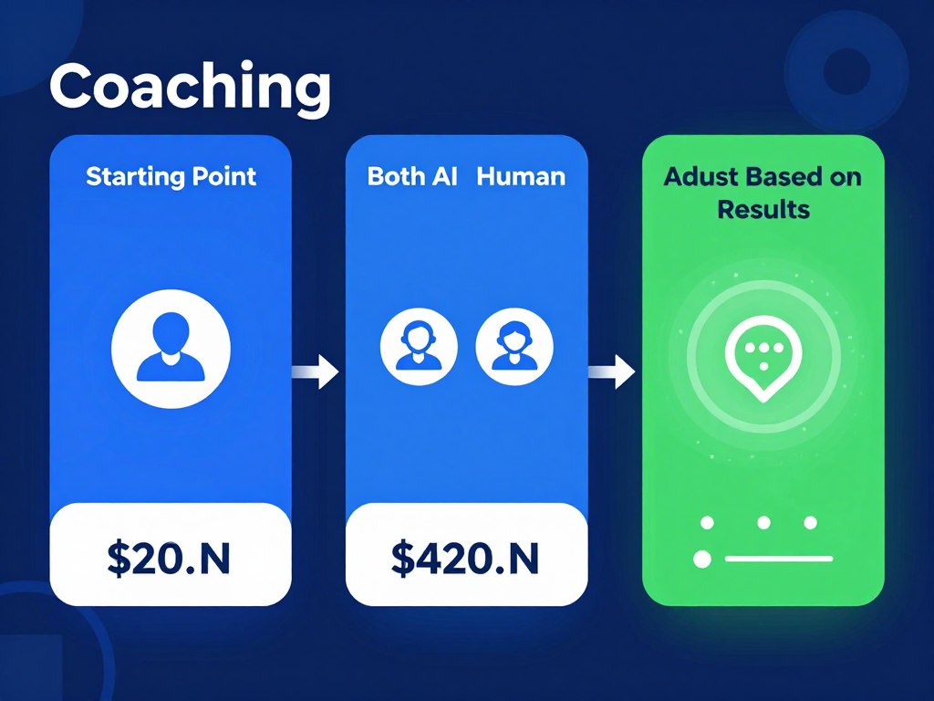 Timeline visualization showing coaching journey progression from starting with AI coach to adding human coaching as needs evolve
