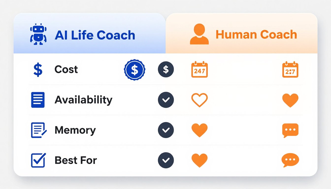 Visual comparison chart showing key differences between AI life coach and human coach across cost, availability, and features