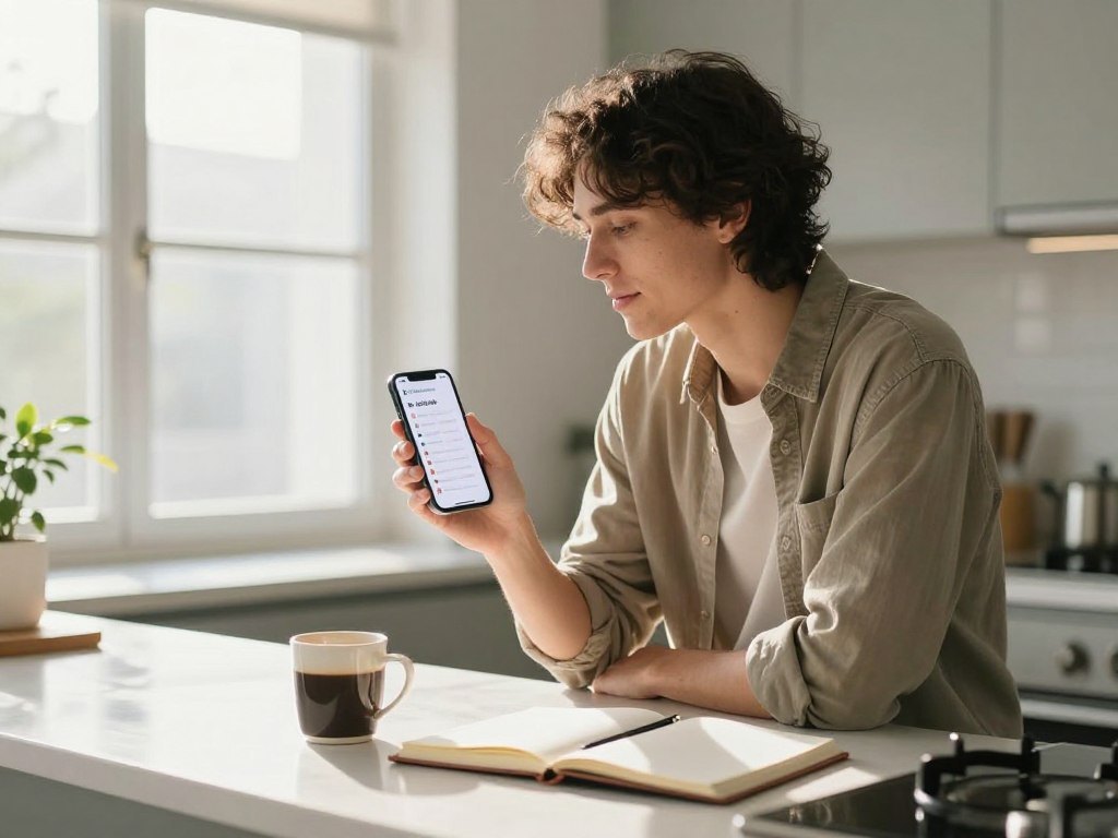 Young professional using AI life coach app for daily morning routine and habit tracking with smartphone