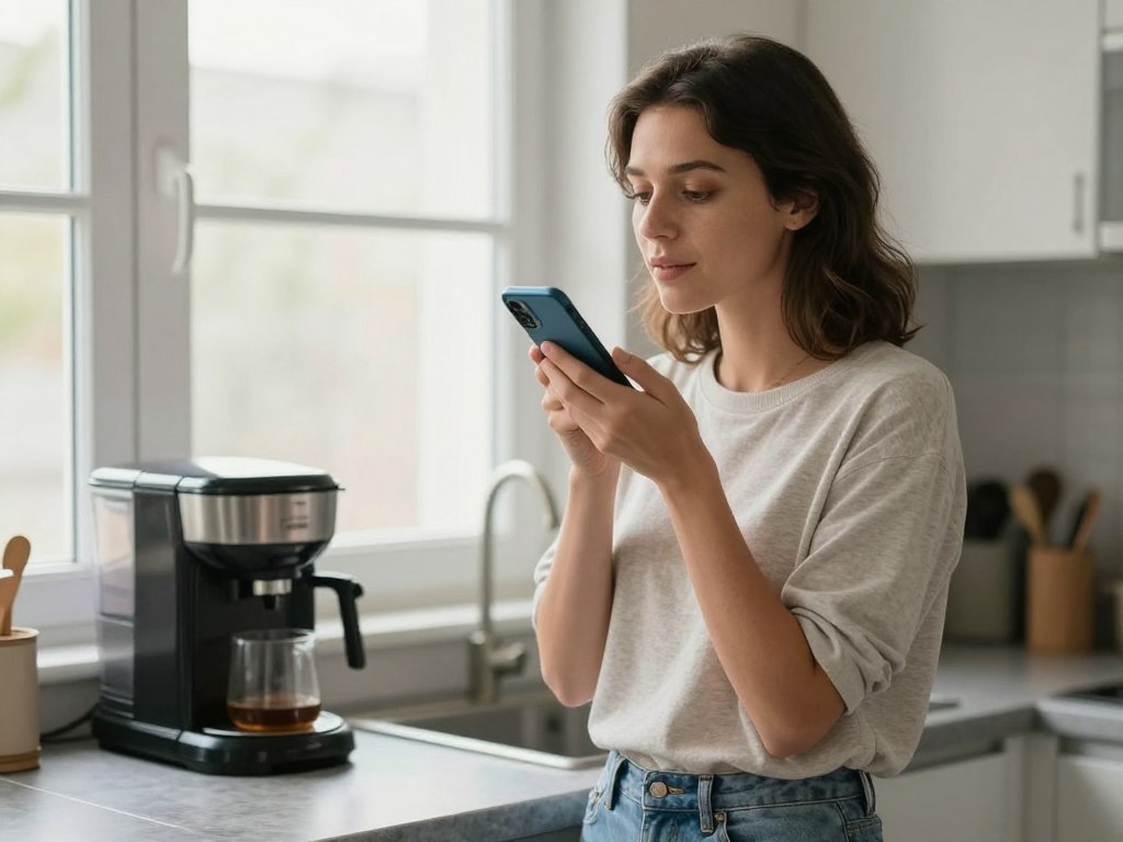 Young professional woman doing morning voice check-in with AI life coach app while preparing coffee in kitchen