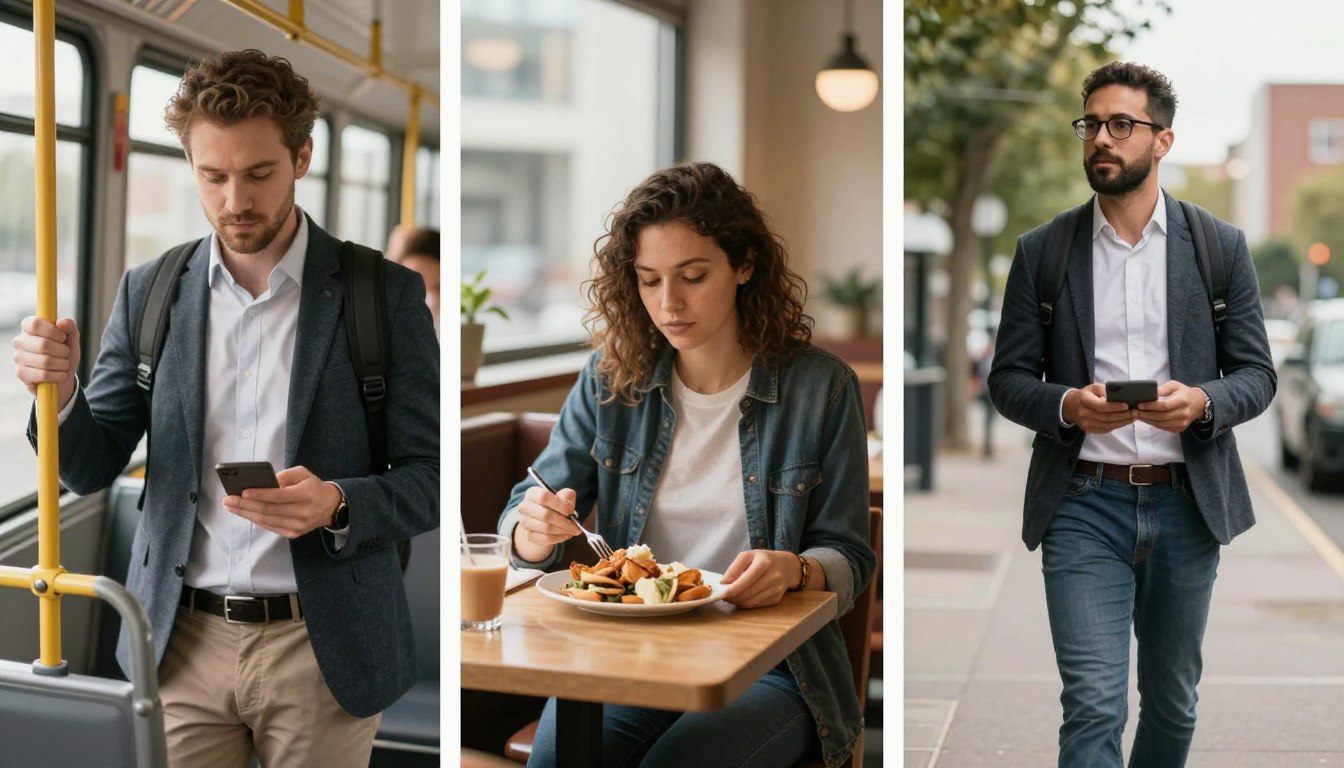 three different professionals using voice AI life coach in various settings