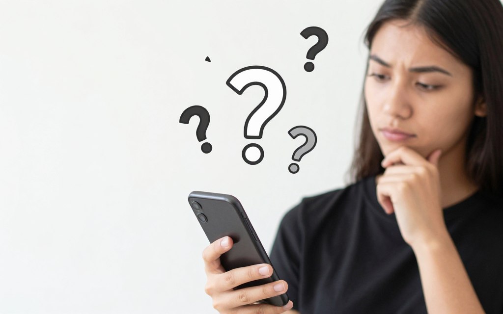 Person looking thoughtfully at phone with question marks illustrated around them