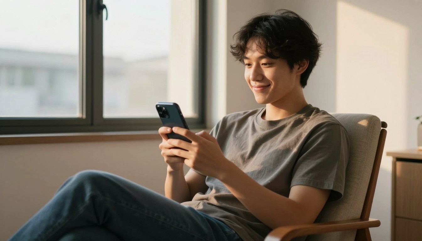 Peaceful scene of person confidently using smartphone with satisfied expression