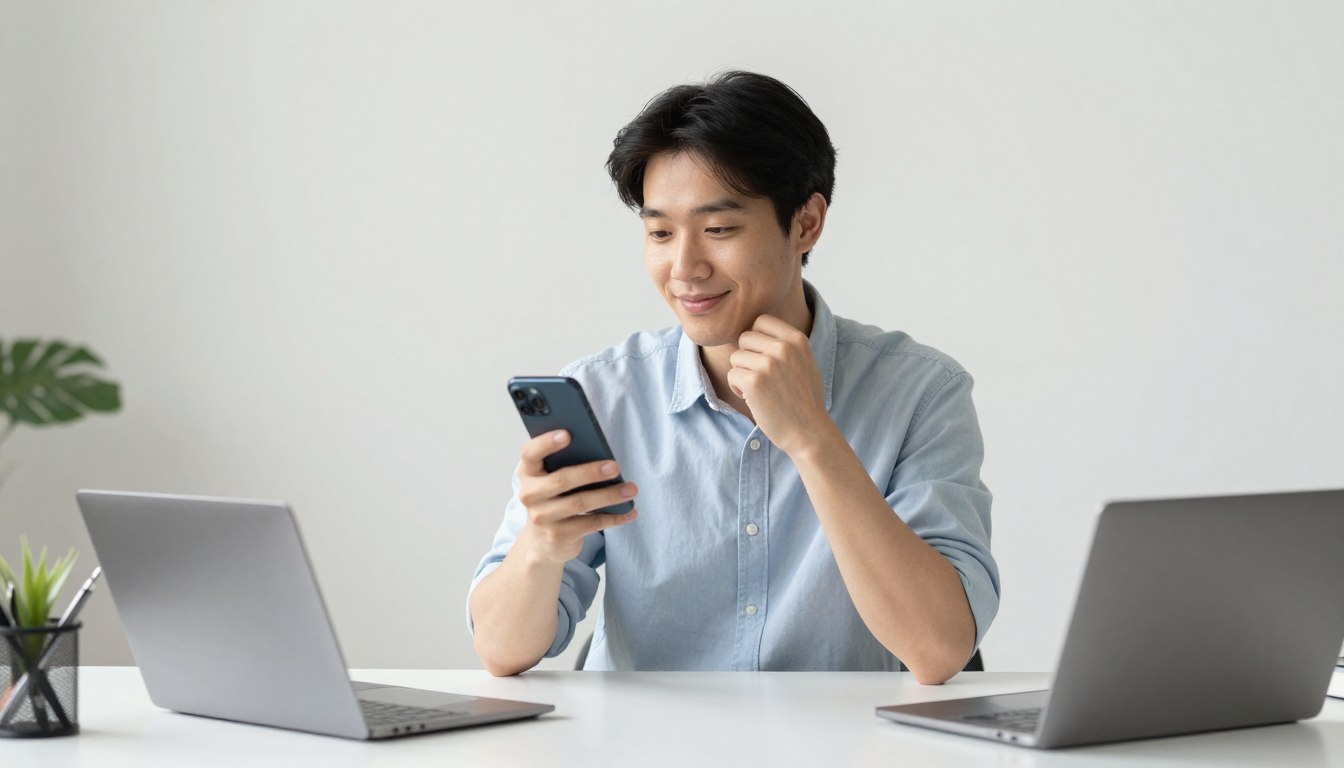 Person using AI accountability coach on smartphone with relaxed expression