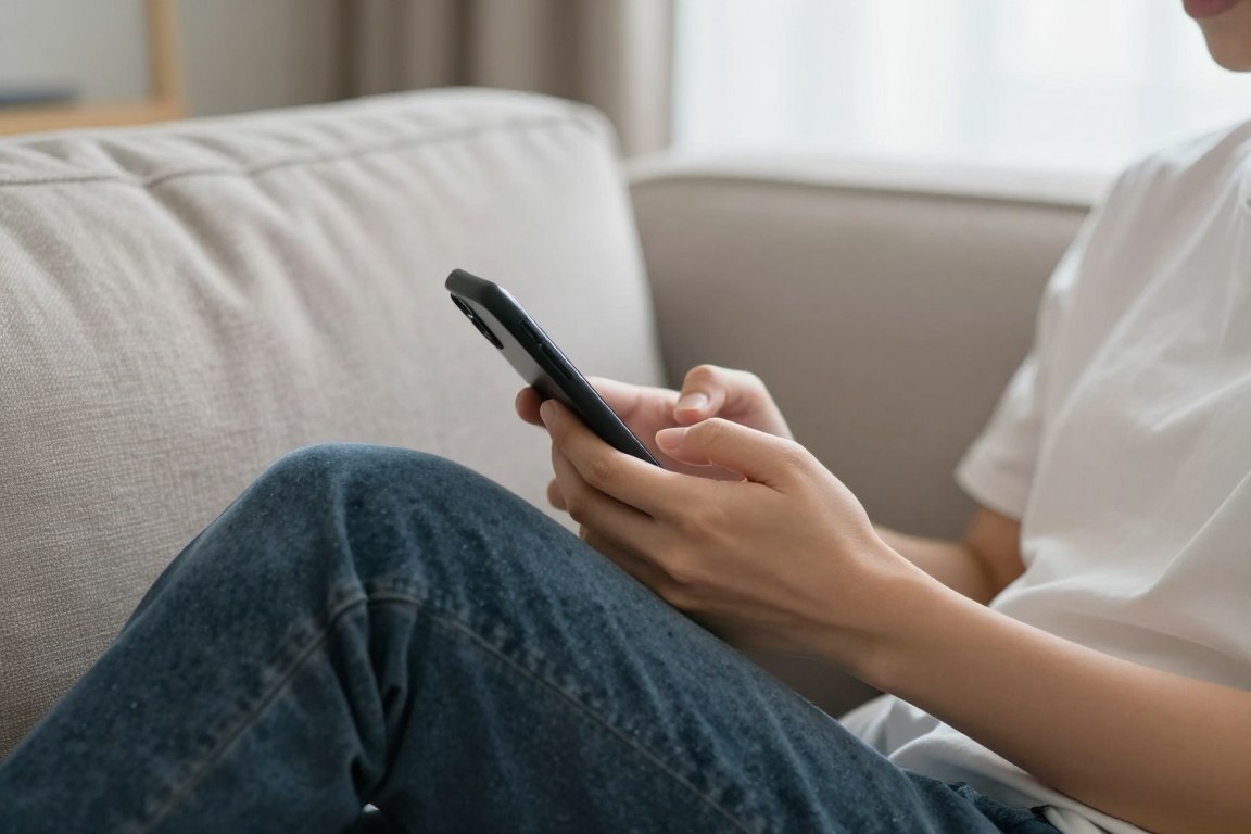 Person using phone naturally in everyday setting, not at formal desk