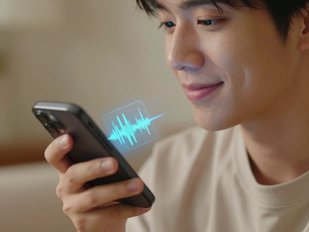 Close-up of person speaking naturally to phone with AI voice interface active