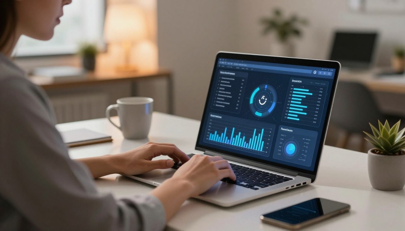 Professional using smart goal setting techniques with AI coaching technology on laptop